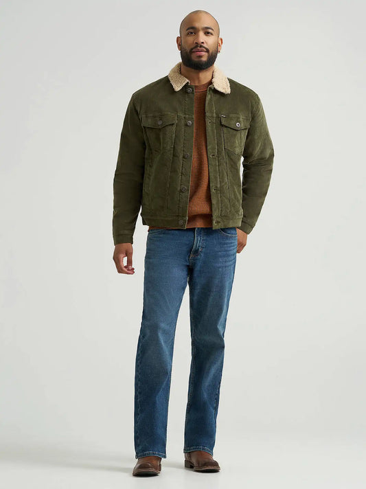Men's Wrangler® Sherpa Lined Corduroy Trucker Jacket in Olive Night