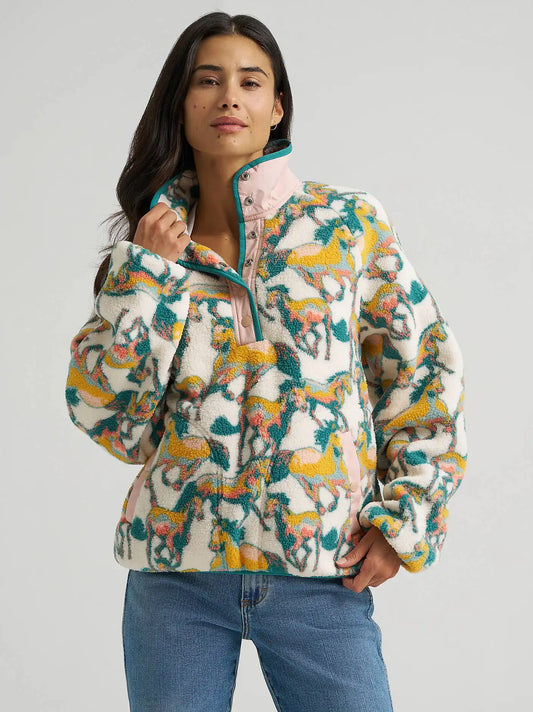 Women's Wrangler Big Sky Sherpa Snap Pullover in Oasis Horses