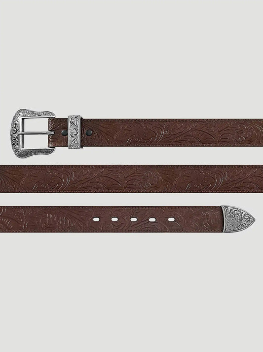 Women's 3 Piece Buckle Embossed Leather Belt in Mid Brown