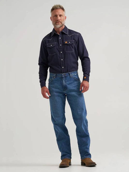 Men's Wrangler® FR Flame Resistant 20X Western Snap Solid Shirt in Navy