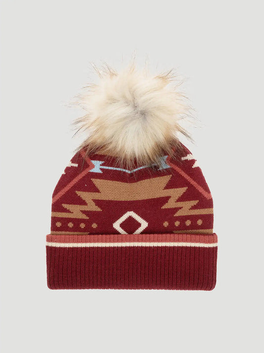 Womens Southwestern Pom Pom Beanie:Burgundy:One Size: