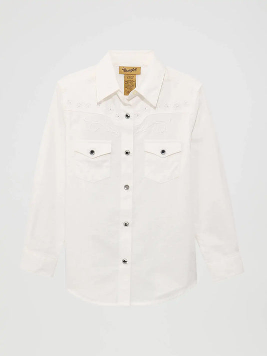 Girl’s Classic Long Sleeve Western Snap Shirt in White