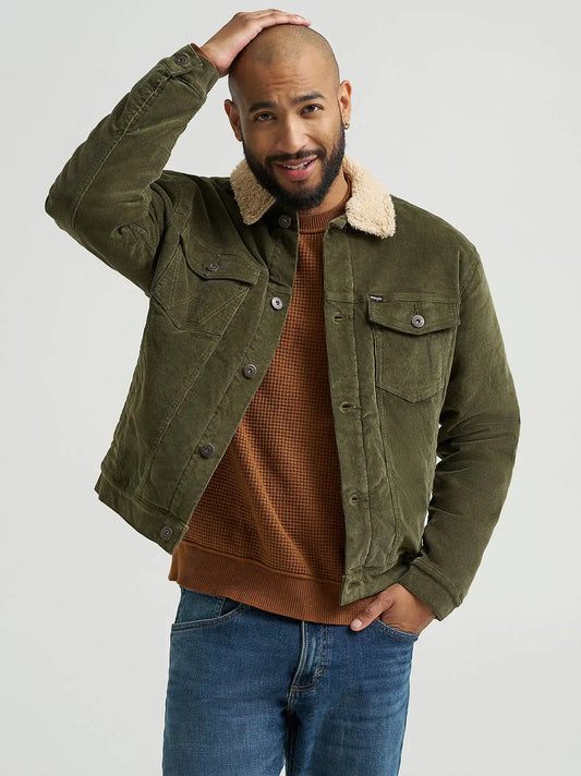 Men's Wrangler® Sherpa Lined Corduroy Trucker Jacket in Olive Night