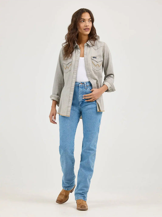 Women's Wrangler Western Snap Work Denim Shirt in Grey Denim