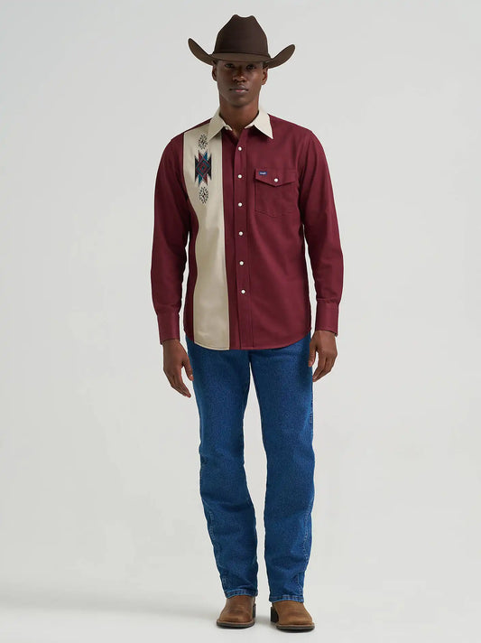 Vintage-Inspired Contrast Band Western Snap Shirt in Wine