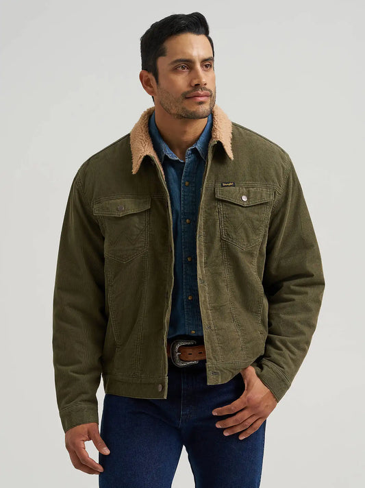 Men's Wrangler® Cowboy Cut® Sherpa Lined Corduroy Jacket in Olive Night
