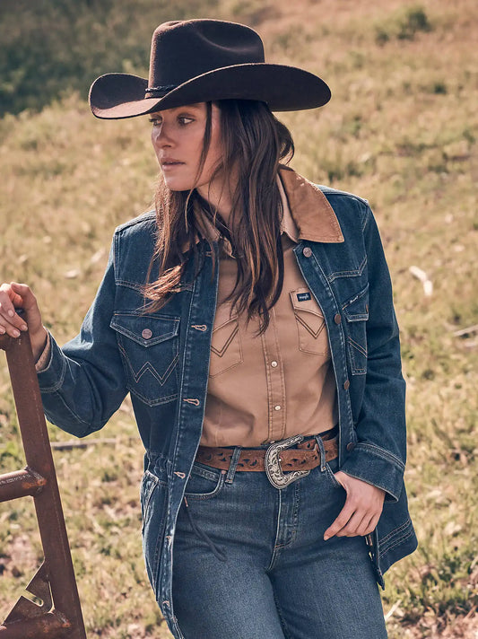 Women's Denim Cinched Waist Barn Jacket in Denim