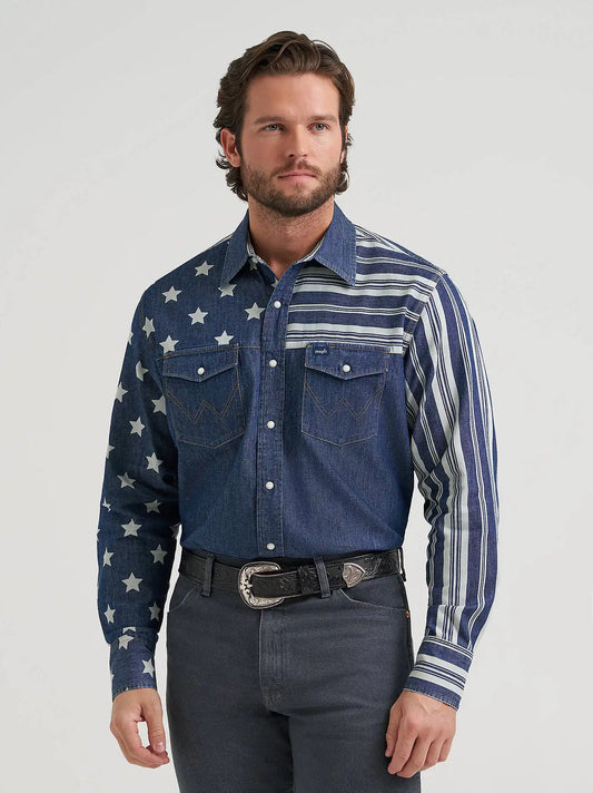 Vintage-Inspired Stars & Stripes Western Snap Shirt in Indigo
