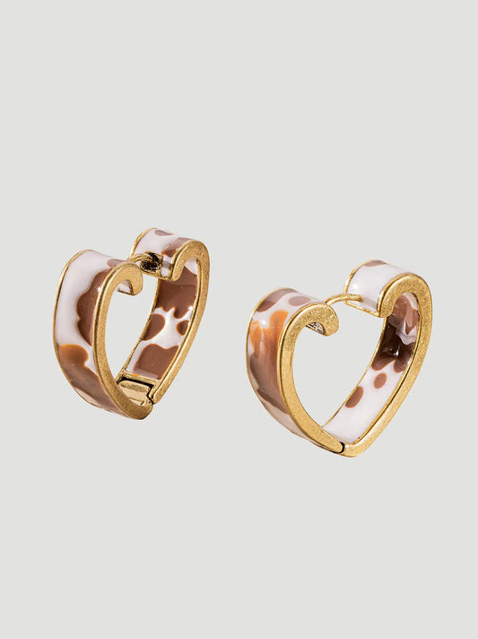 Cow Print Heart Hoop Earrings:Gold/Brown:One Size: