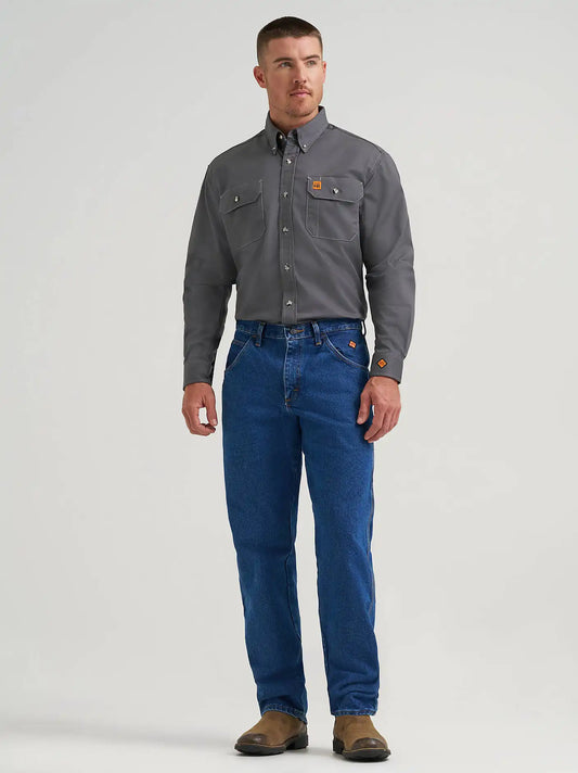 Wrangler® FR Flame-Resistant Button Down Work Shirt in Slate Grey