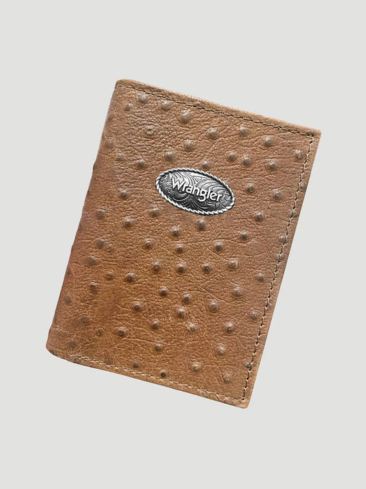 Embossed Ostrich Leather Trifold Wallet:Tan:One Size