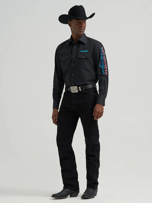 Men's Wrangler® Logo Long Sleeve Western Snap Shirt in Black