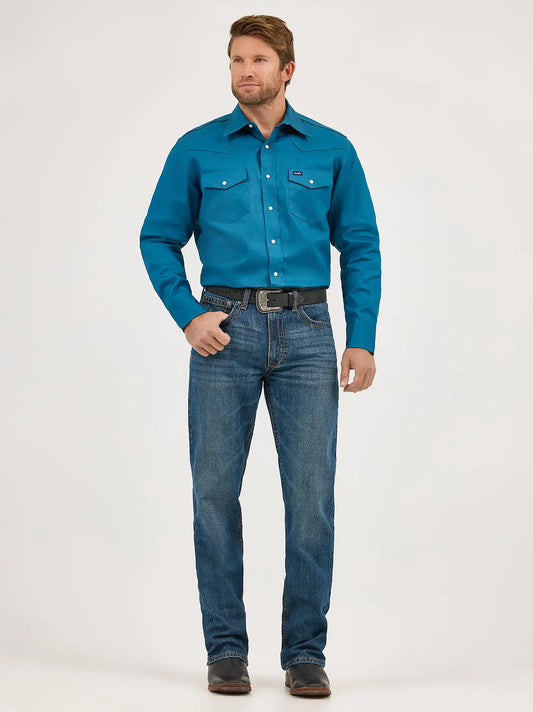 Cowboy Cut® Firm Finish Long Sleeve Western Snap Solid Work Shirt in Dark Teal
