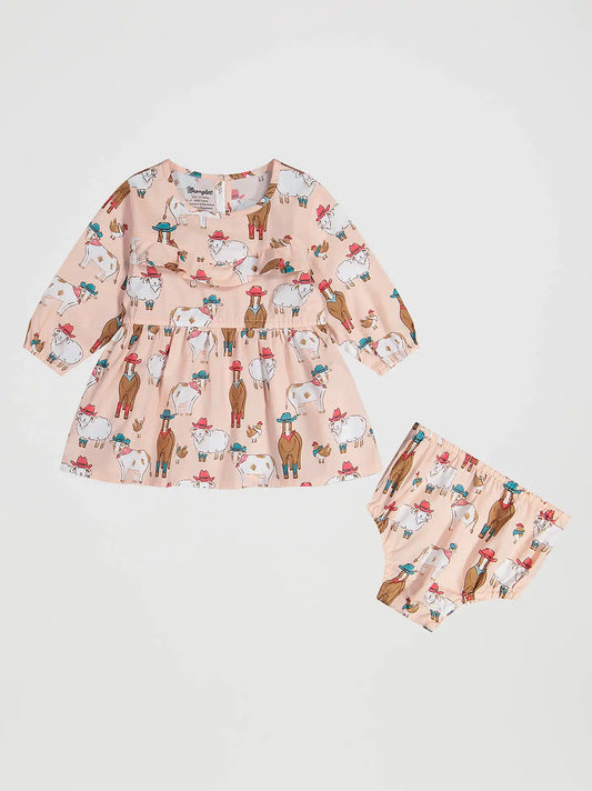 Little Girl's Long Sleeve Western Print Dress in Pink