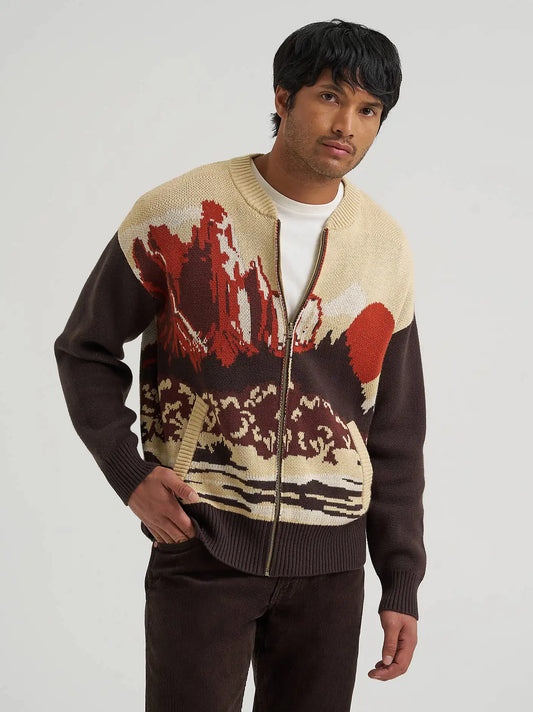 Men’s Full-Zip Intarsia Sweater in Chocolate Torte
