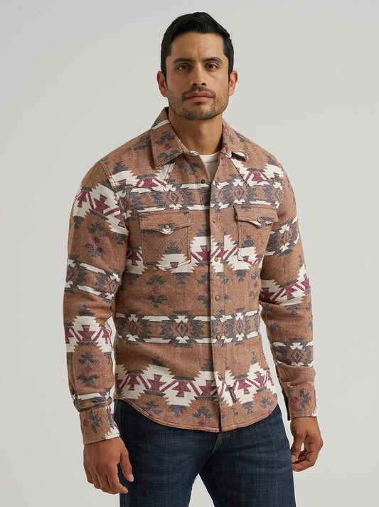 Men's Wrangler Retro® Premium Western Snap Jacquard Shirt in Brown Arrowhead