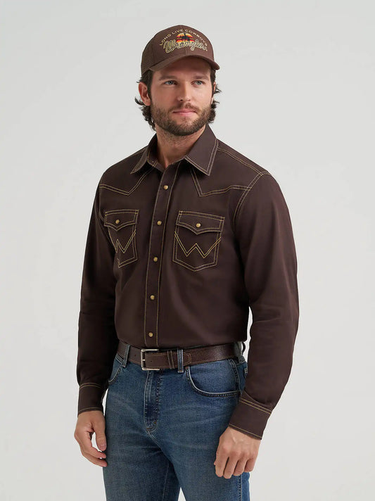 Men's Wrangler Retro® Premium Western Snap Solid Shirt in Bark