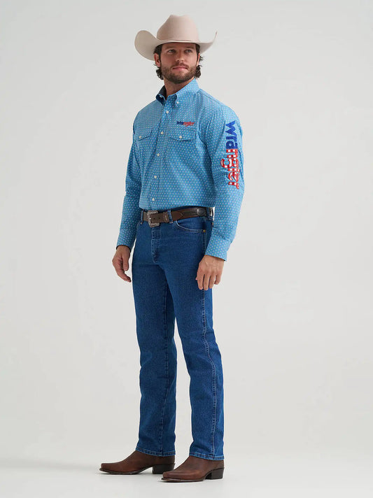 Men's Wrangler® Logo Long Sleeve Button-Down Print Shirt in Americana