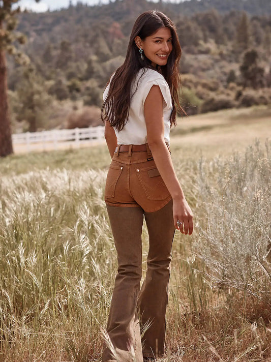 Lainey Wilson x Wrangler Pieced Chaps Flare Jean in Rustic Brown