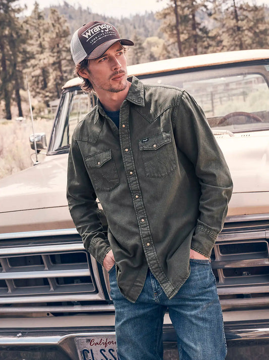 Men's Wrangler® Colorwash Denim Western Snap Shirt in Olive Denim
