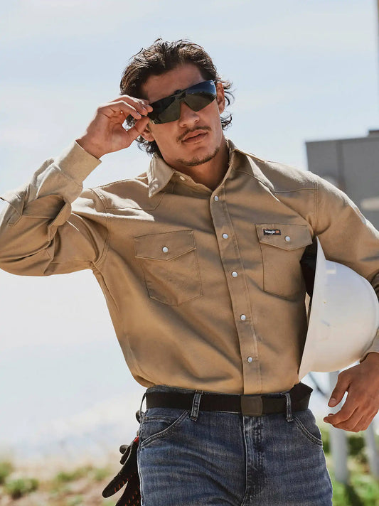 Wrangler® FR Flame Resistant Long Sleeve Western Snap Solid Twill Work Shirt in Khaki