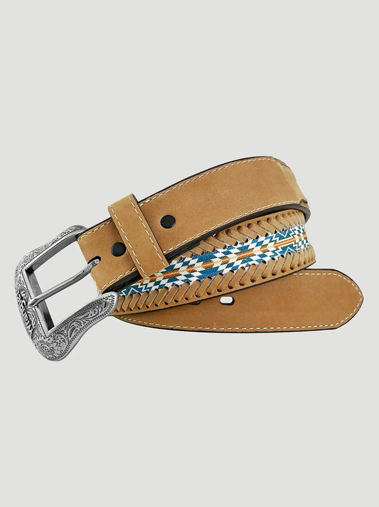 Men's Southwest Canvas Inlay Leather Belt in Tan