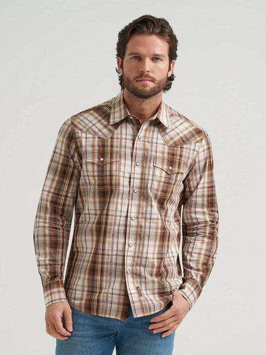 Men's Wrangler Retro® Premium Long Sleeve Western Snap Plaid Shirt in Earthen