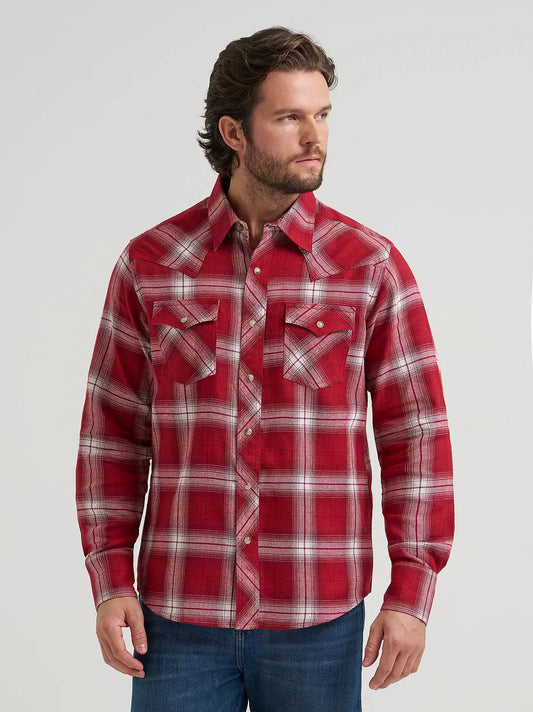 Men's Wrangler Retro® Long Sleeve Flannel Western Snap Plaid Shirt in Hearth Red