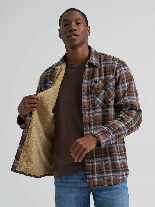 Men's Heavyweight Sherpa Lined Plaid Shirt Jacket in Soft Silt