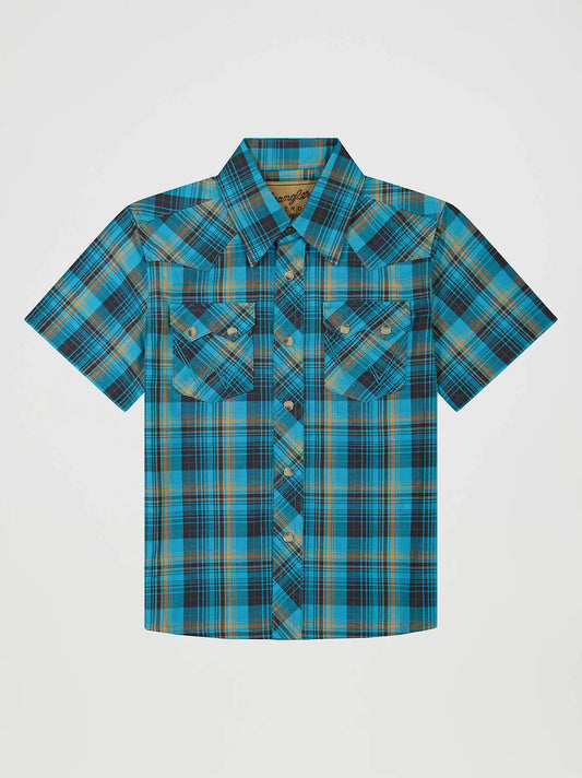 Boy's Wrangler Retro® Short Sleeve Western Snap Shirt in Lagoon