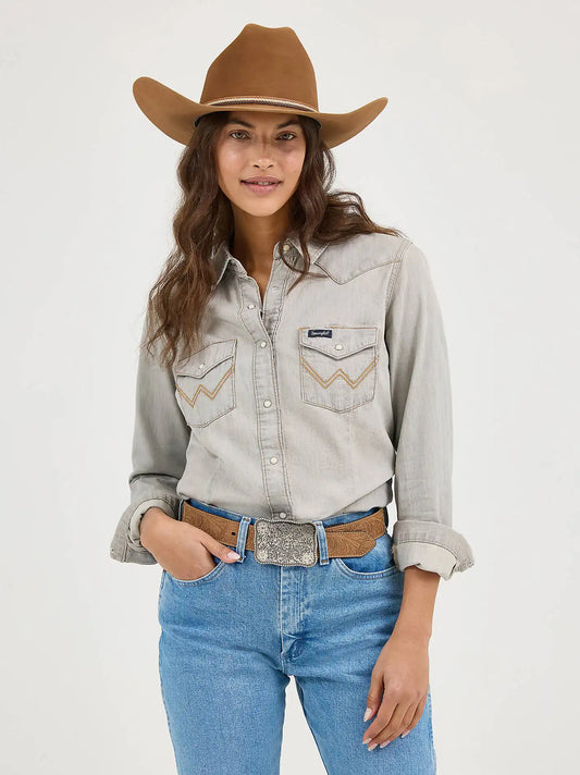 Women's Wrangler Western Snap Work Denim Shirt in Grey Denim