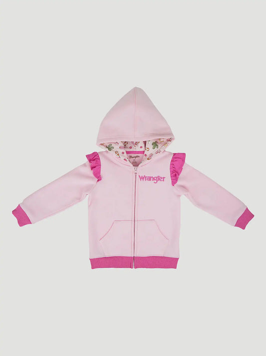 Wrangler Toddler Girl's Zip Ruffle Graphic Hoodie in Pink Ruffle