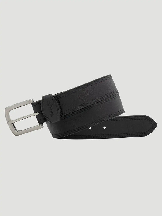 Men's Triple Stitch Bison Leather Belt in Black