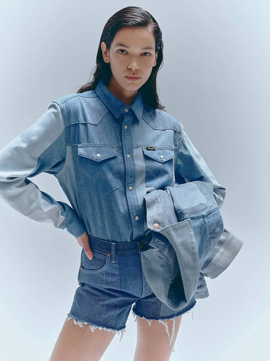 Wrangler x Beyond Retro Heritage Shirt in Light Wash