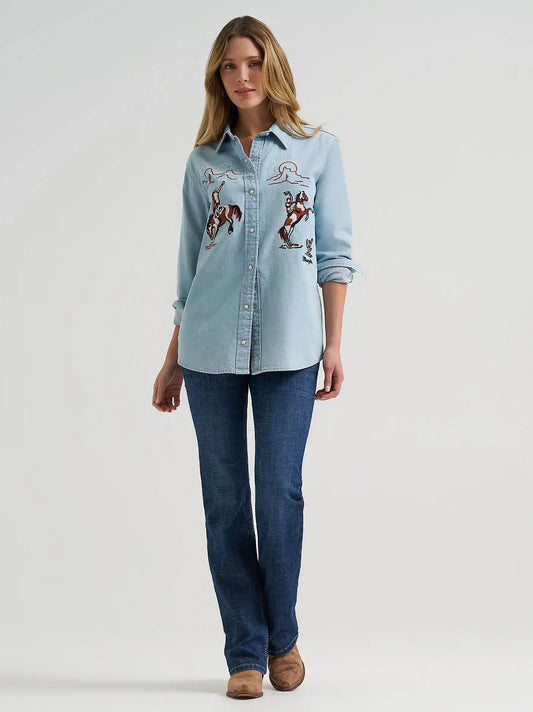 Womens Embroidered Boyfriend Western Snap Denim Shirt in Denim Blue