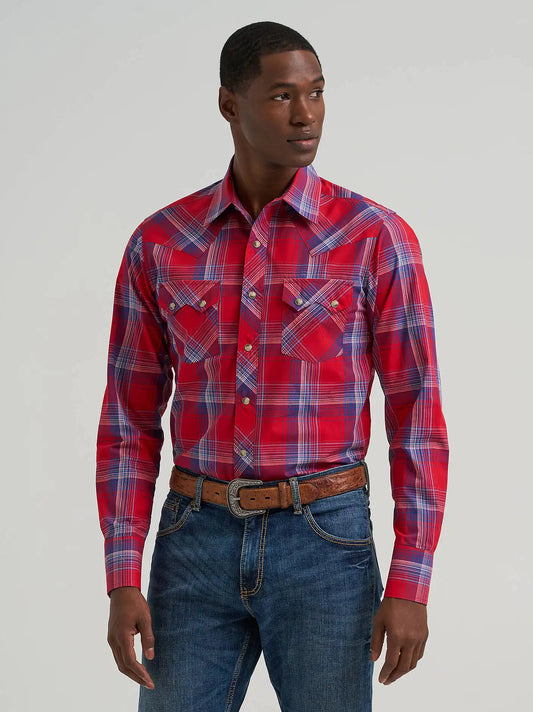 Men's Wrangler Retro® Long Sleeve Sawtooth Snap Pocket Western Shirt in Traditional Red