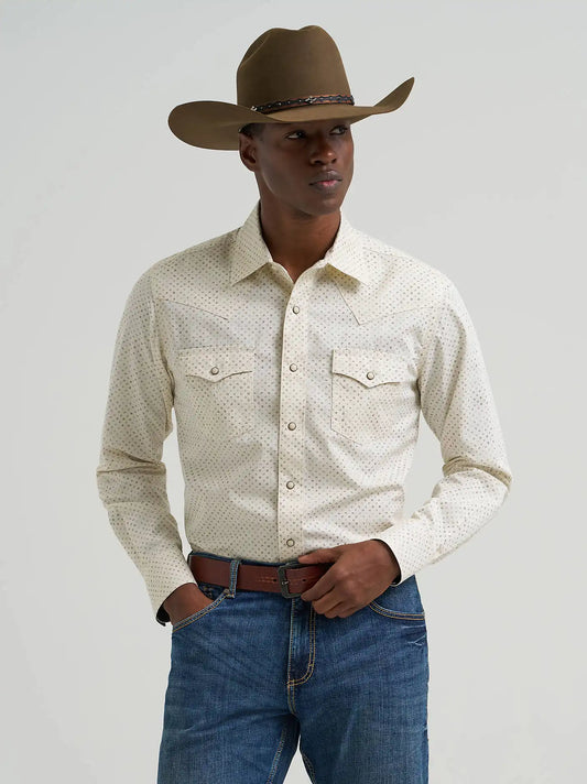 Men's Wrangler Retro® Premium Long Sleeve Western Snap Printed Shirt in Ecru Drops