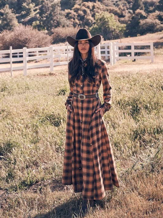 Women's Western Flannel Maxi Shirt Dress in Brown