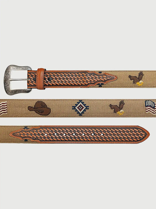 Men's Embroidered Basketweave Leather Belt in Brown