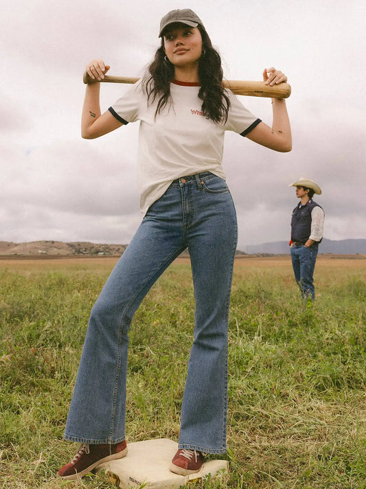 Wrangler® x 250 Years of America Retro® Bailey High Rise Flare Jean in Mid Indigo