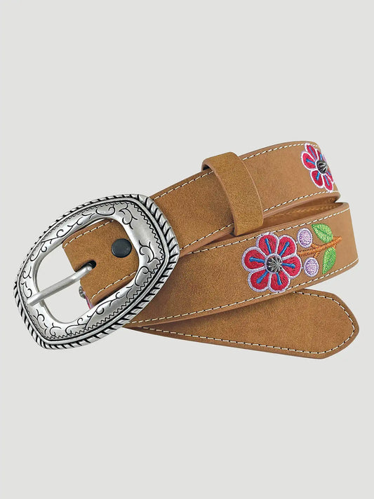 Girl's Floral Embroidery Leather Belt in Tan
