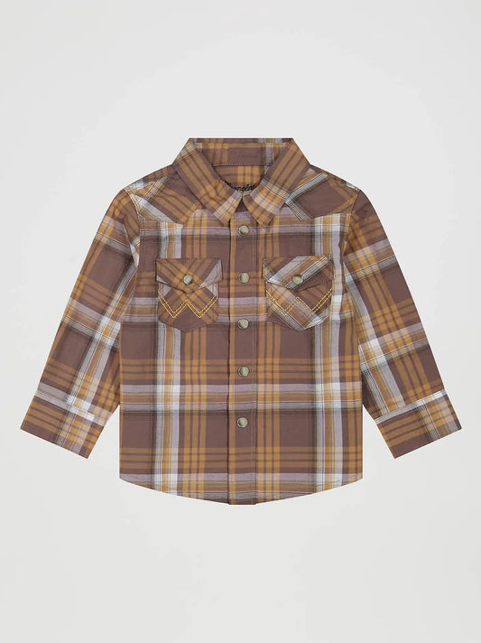Little Boy's Long Sleeve Plaid Western Snap Shirt in Maple Brown
