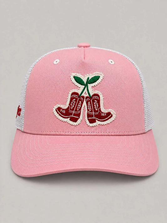 Womens Cherry Boots Mesh Trucker Hat:Pink:One Size