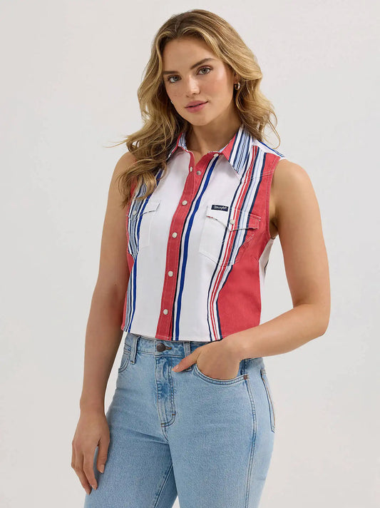 Women's Wrangler Brushpopper Sleeveless Snap Shirt in Red/White/Blue