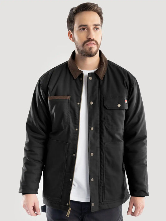 Men's Corduroy Collar Workwear Barn Coat in Black Caviar