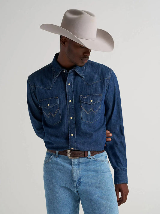 Cowboy Cut® Long Sleeve Western Denim Snap Work Shirt in Dark Denim