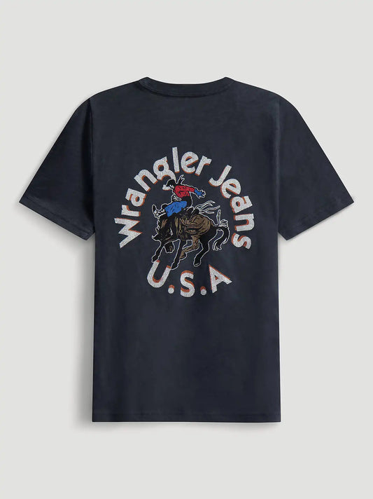 Riding Cowgirl Reg Fit Back Graphic Tee in Washed Black