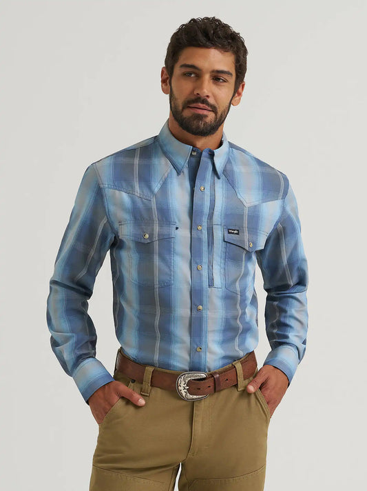 Wrangler All Terrain Gear Men's Performance Plaid Shirt in Ombre Indigo