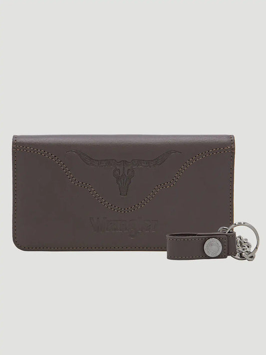 Mens Embossed Steer Head Chain Wallet:Chocolate:One Size
