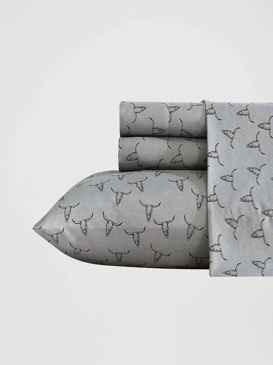 Wrangler Patterned King Sheet Set:Steer Skulls Grey:King